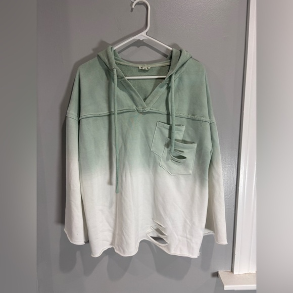POL Distressed Ombré Teal Hoodie Pullover Small Oversized Boho Bohemian Hippie M - Picture 1 of 11